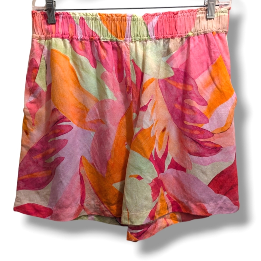 H&M Linen Blend Pull-On Shorts High Waist Pockets Pink Orange Leaf-Patterned- L - Picture 2 of 12